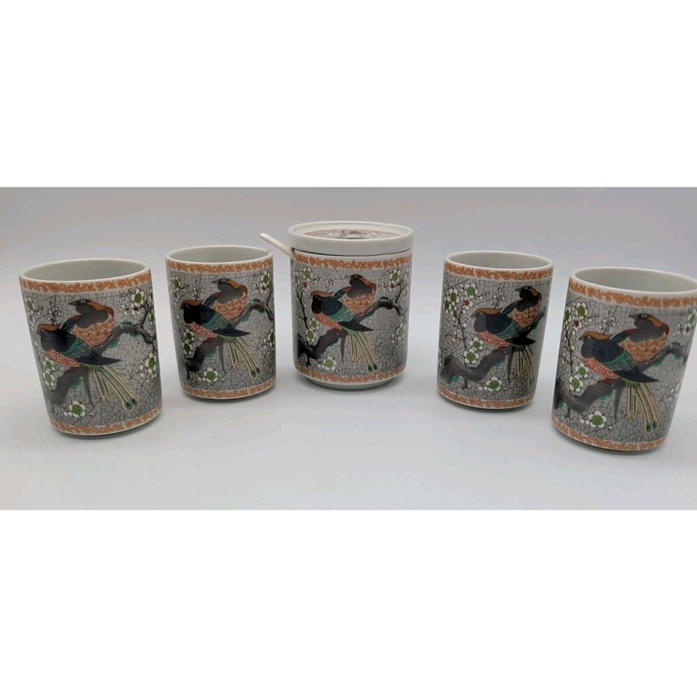 Vtg Takahashi Oriental Pheasant Tea Cups Covered Sugar Spoon Blossom Saki Honey